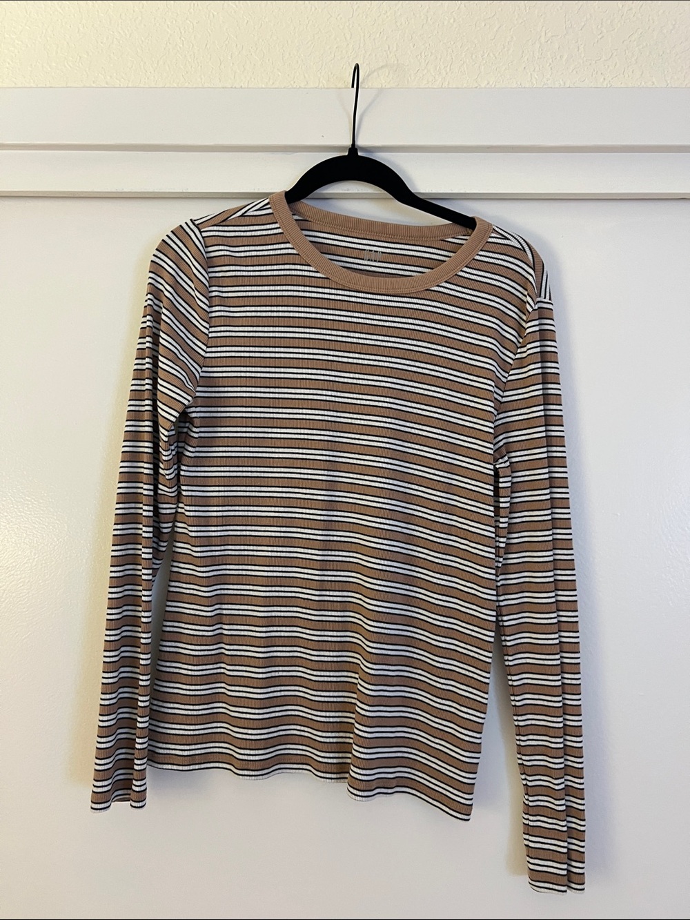 GAP Long Sleeve Striped Tee in Brown, White, and Black